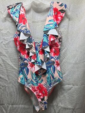 Sporlike, Floral Ruffle One-Piece Swimsuit Pink/Blue/Red, Plunging Neckline, Tie